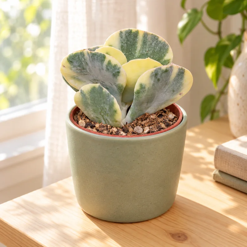 Kleine panaschierte Cotyledon mit breiten runden Blättern am hellen Fenster in KI-gestalteter Szene