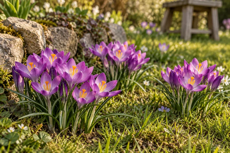 KI-gestaltete spätere Blüte von Crocus tommasinianus 'Ruby Giant' am passenden Gartenplatz