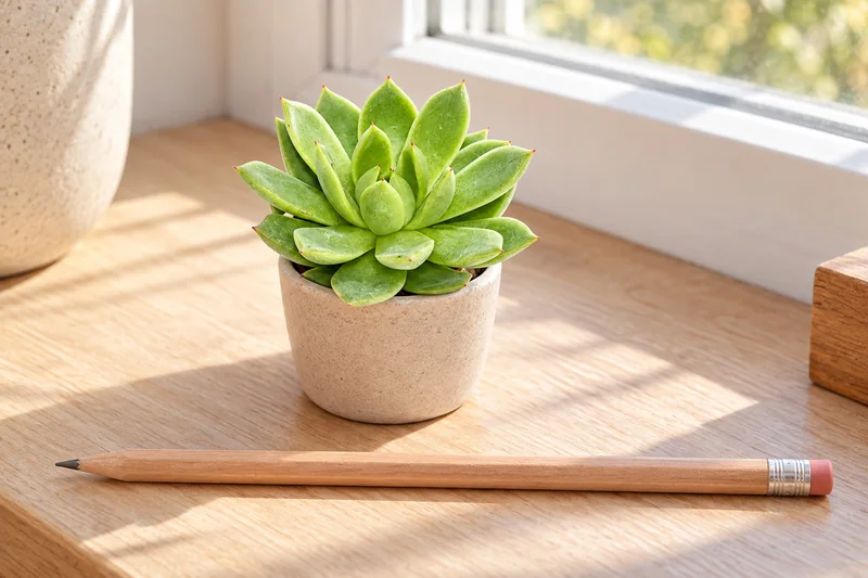 Echeveria agavoides in einer KI-gestalteten Fensterszene nach dem Original-Shopbild