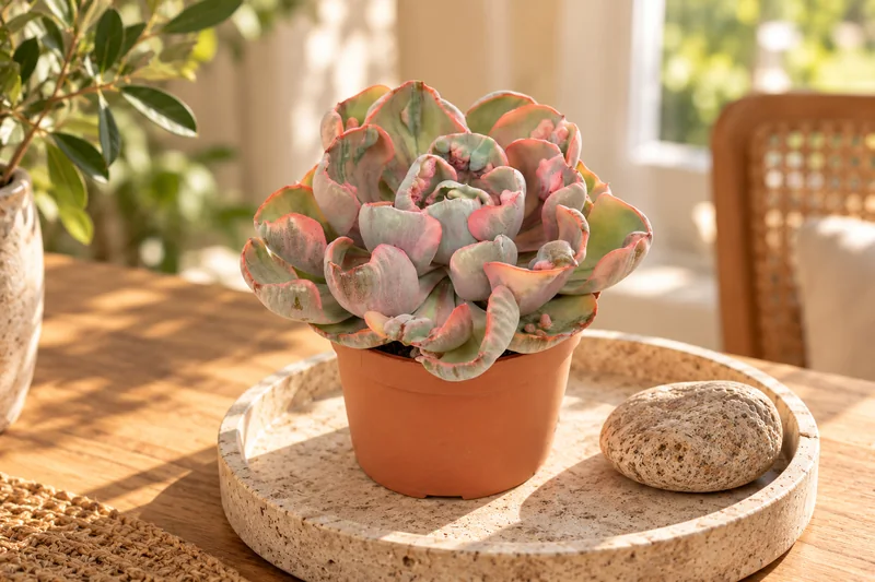 KI-gestaltete Wohnszene mit Echeveria 'Cleopatra' im Größenbezug des Sortimentsartikels