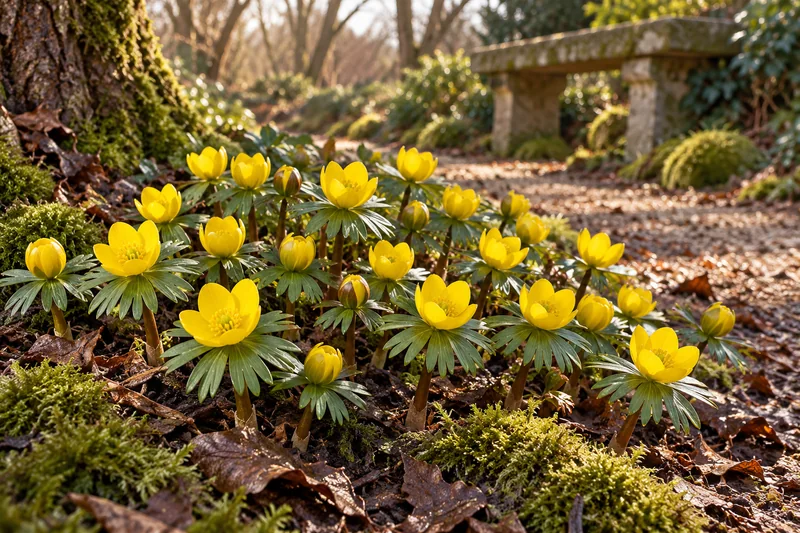 KI-gestaltete spätere Blüte von Eranthis cilicica am passenden Gartenplatz