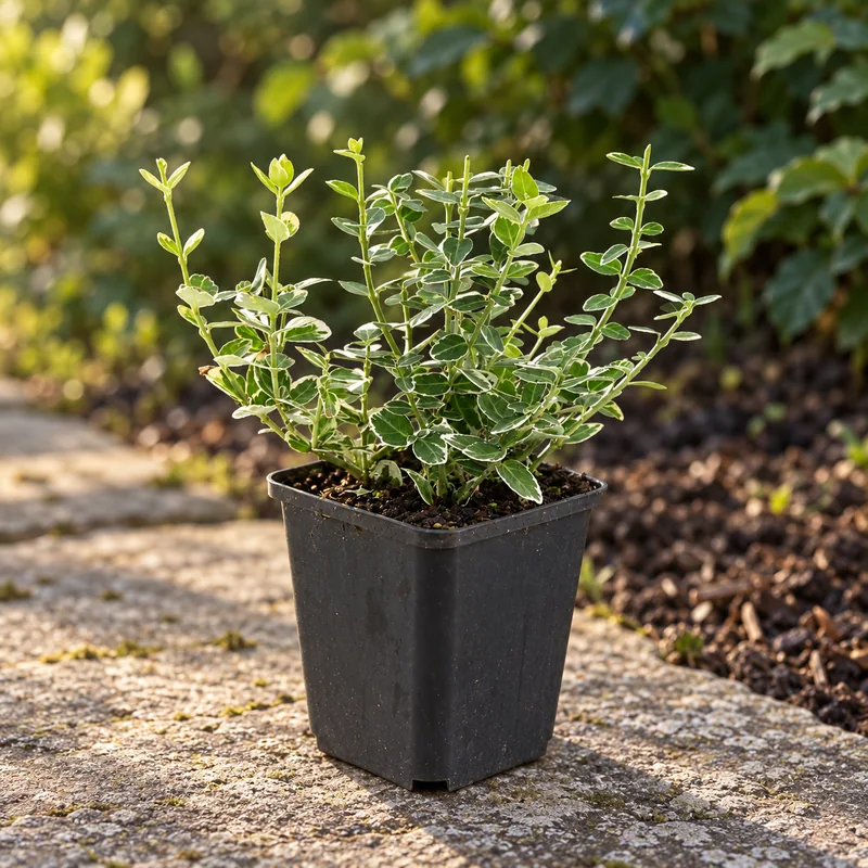 Kriechspindel Emerald Gaiety in KI-gestalteter Gartenansicht. Eine einzelne junge Pflanze vor dem Einpflanzen am Gartenbeet.
