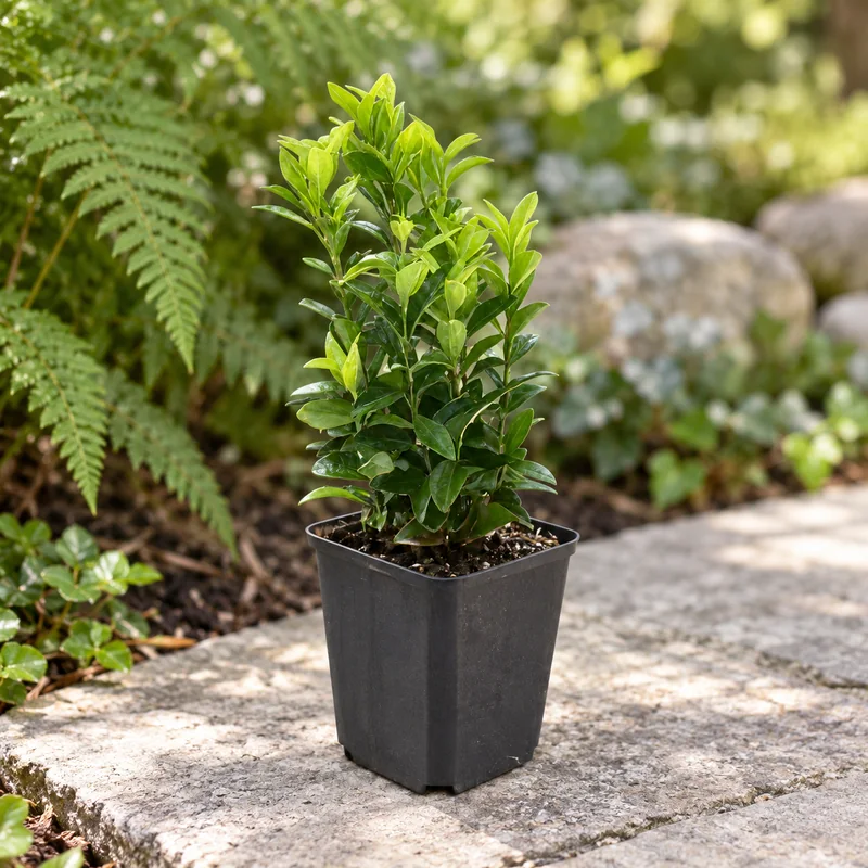 Japanischer Spindelstrauch Green Spire in KI-gestalteter Gartenansicht. Eine einzelne junge aufrechte Pflanze vor dem Einsetzen an einem geschützten Gartenbeet.