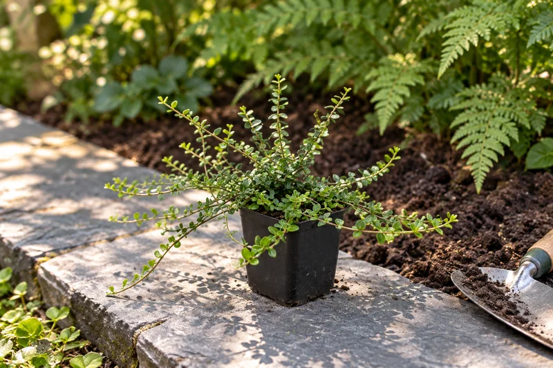 Kleinblättrige Kriechspindel Minimus als einzelne junge Topfpflanze am Gartenplatz; KI-Szene