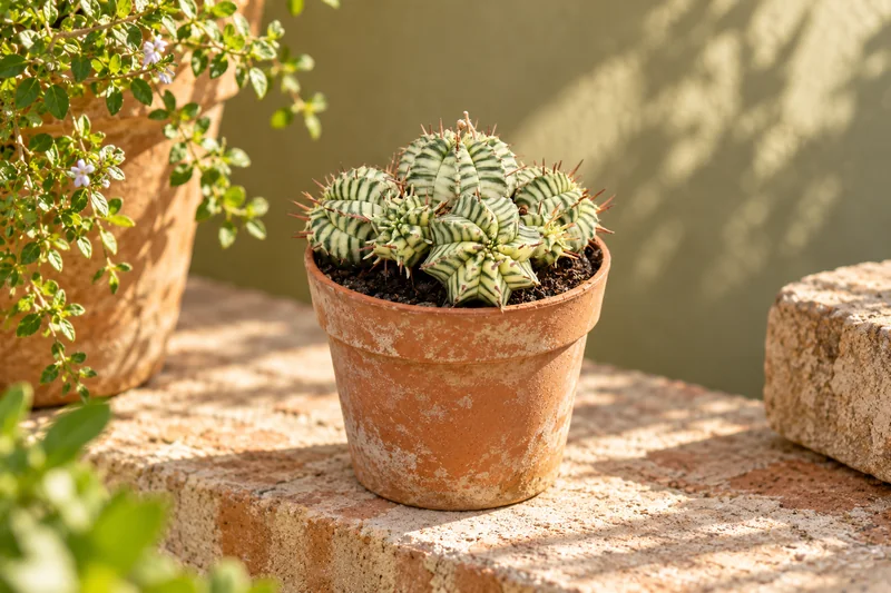 KI-gestaltete Szene mit Euphorbia meloformis variegata in den Proportionen der konkreten Sortimentspflanze