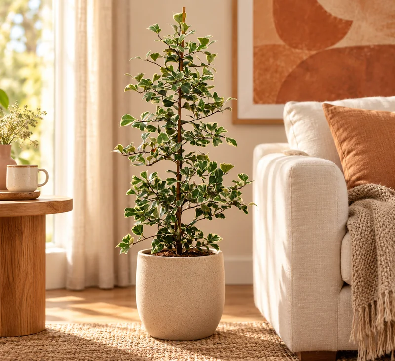 Schlanker Ficus triangularis Variegata mit hell gerandeten Dreiecksblättern im sandfarbenen Übertopf neben einem Sofa