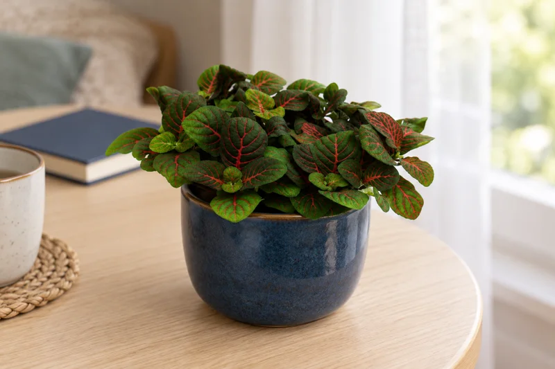 Kleine Fittonia Bubble Red mit dunkelgrünen ovalen Blättern und roten Adern im blauen Gefäß auf einem hellen Lesetisch