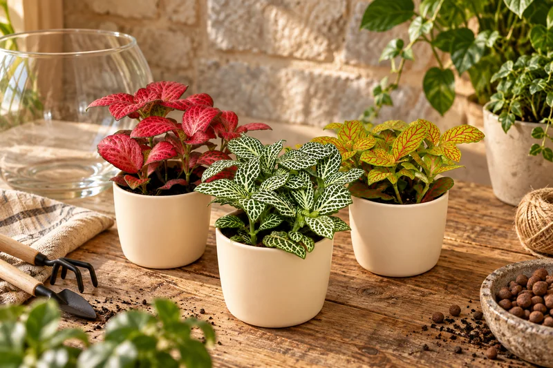Drei kleine unterschiedlich geaderte Fittonien in getrennten Töpfen auf einem hellen Terrarien-Arbeitstisch, KI-Szene