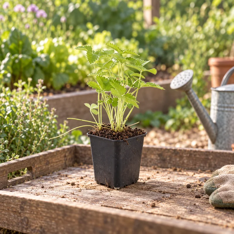 Walderdbeere als kleine Jungpflanze im 9-cm-Topf an einem Gartenplatz