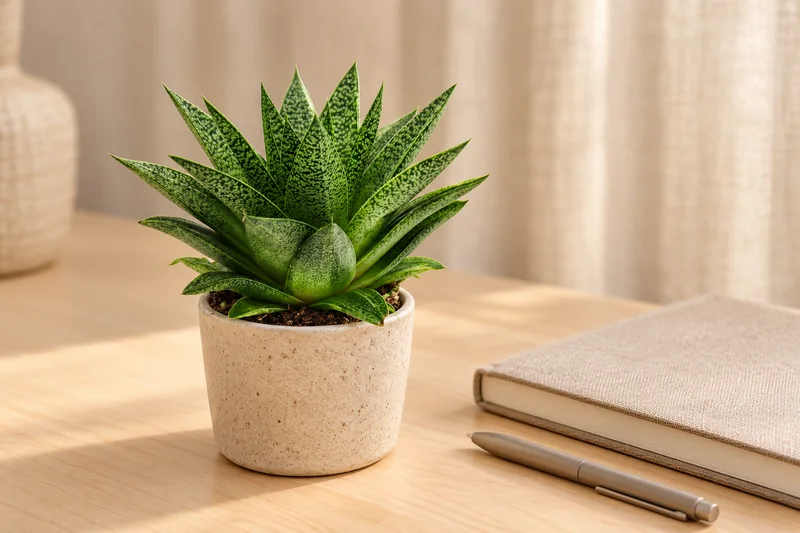 Kleine hellgrüne Gasteria D Tiga mit fein gefleckten kräftigen Blättern neben einem schlichten Notizbuch auf einem hellen Schreibtisch, KI-Szene
