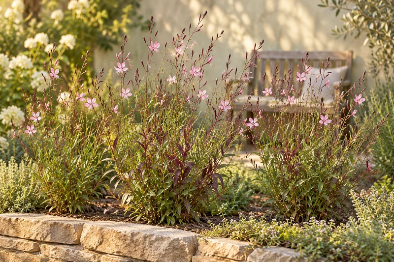 Später entwickelte Siskiyou Pink mit luftigen rosa Blüten an feinen Stielen in einem sonnigen Gartenbeet mit Steinrand