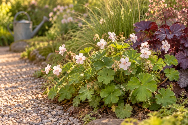 Später entwickelter Biokovo mit weißrosa Blüten, langen rosa Staubfäden und rundlich gelapptem Laub an einem Gartenweg