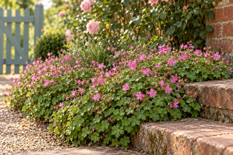 Spätere Gartenpflanzung von Geranium × cantabrigiense 'Cambridge' mit arttypischem Laub und Blüten in weichem Licht