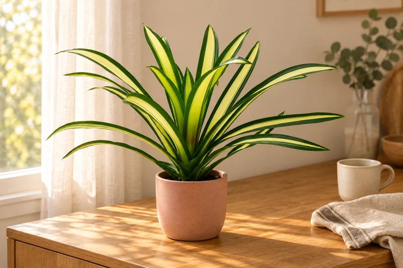 Nicht blühende Guzmania Torchita mit langen cremegelben Blattmitten und dunkelgrünen Rändern in einer hellen Wohnszene, KI-gestaltet