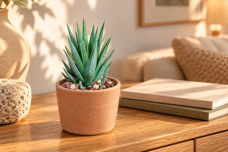 Kleine Haworthiopsis glauca mit schlanken graugrünen Blättern in einer KI-gestalteten Wohnzimmerszene