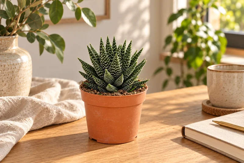 KI-gestaltete Wohnszene mit Haworthia pumila cv. 'Royal Albert' auf Basis der jungen Sortimentspflanze
