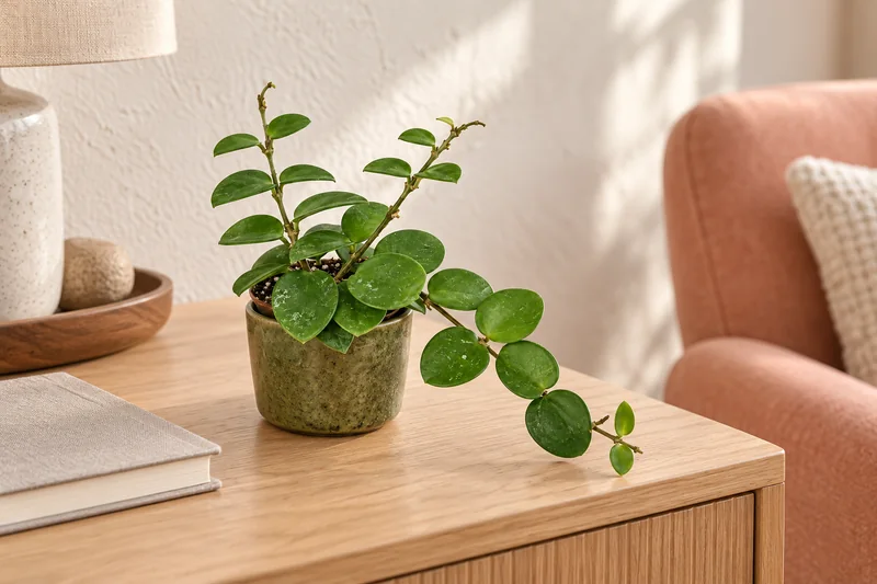 Sehr kleine Hoya Mathilde Splash mit rundlichen silbrig gesprenkelten Blättern in einer KI-gestalteten hellen Sideboard-Szene