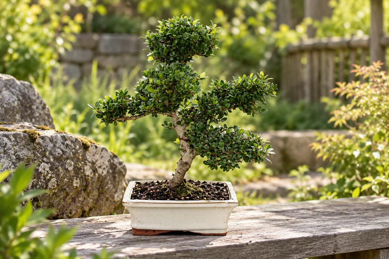 Kleiner Ilex-crenata-Bonsai mit festen rundlichen Blättern und geformtem Stamm in flacher Schale auf einer Gartenablage, KI-Szene
