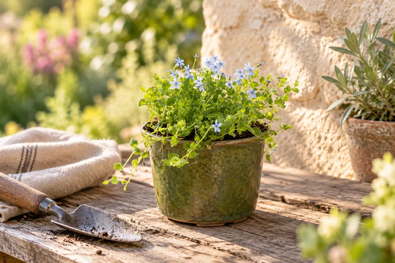 Junger Blauer Bubikopf mit kleinen hellblauen Sternblüten in einem grünen Übertopf auf einer Gartenbank