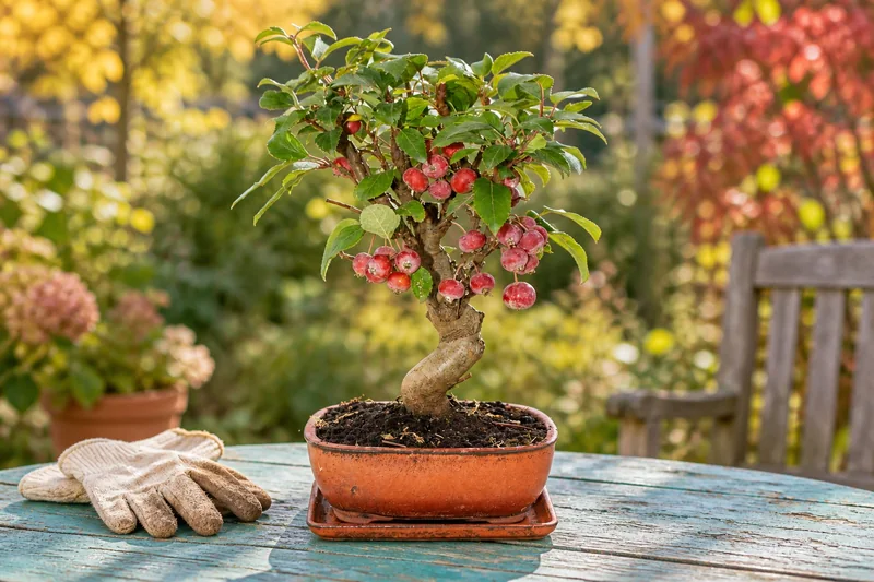 Zierapfel als Bonsai in einer KI-gestalteten Szene nach dem Original-Shopbild