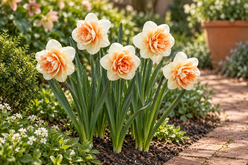 KI-gestaltete Gartenszene der späteren Blüte von Narcissus 'Replete'; geliefert werden Zwiebeln