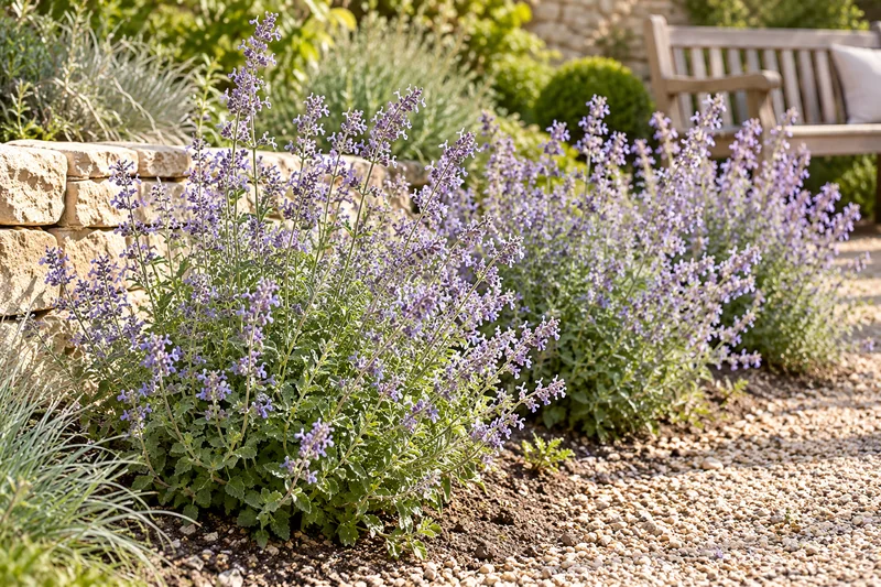 Später eingewachsene Katzenminze Walker’s Low mit lavendelblauen Blüten an einem sonnigen Gartenweg