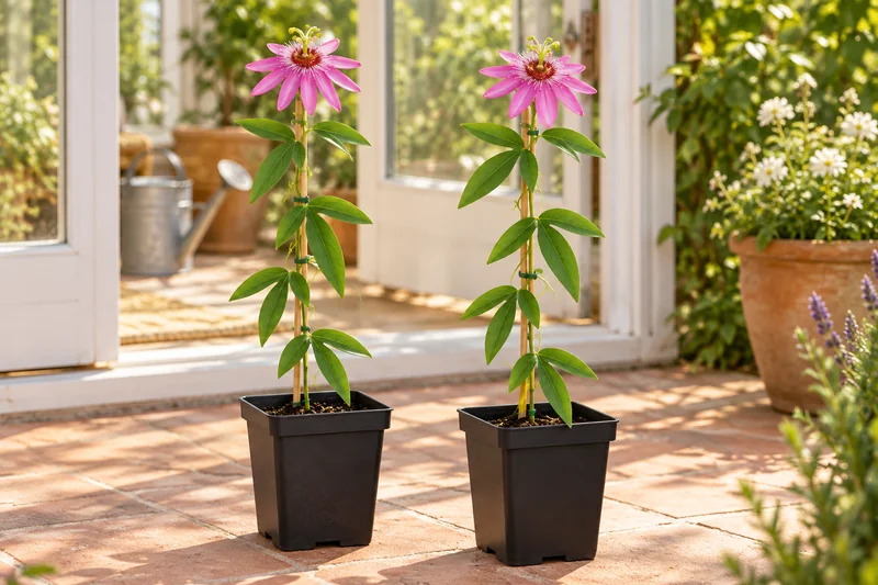 Passionsblume Anastasia in einer passenden KI-gestalteten Gartenansicht. Beispiel junger blühender Pflanzen am hellen Sommerplatz; keine feste Lieferblüte zugesichert.