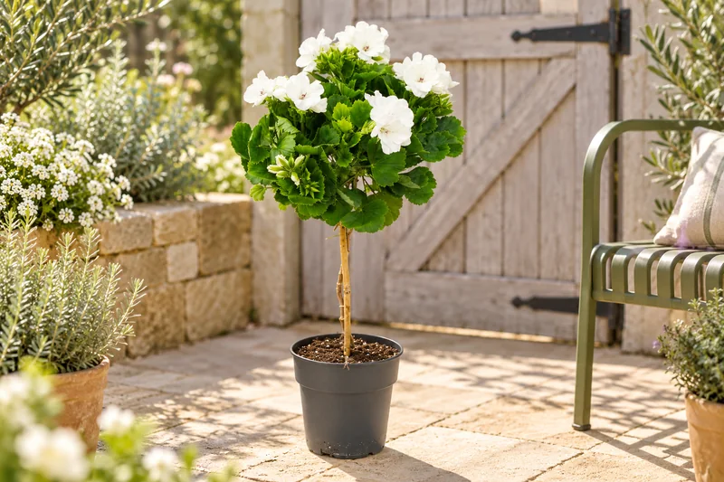 KI-gestaltete Gartenszene mit Pelargonium Grandiflorum Don Palido · Edelgeranien-Handelsauswahl in den Proportionen der jungen Sortimentspflanzen
