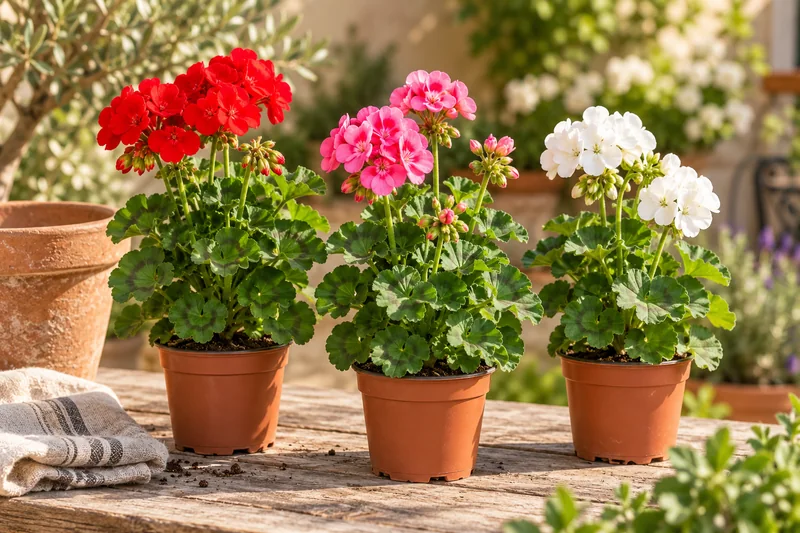 KI-gestaltete Gartenszene mit Pelargonium · Zonale-Sortenauswahl in den Proportionen der jungen Sortimentspflanzen