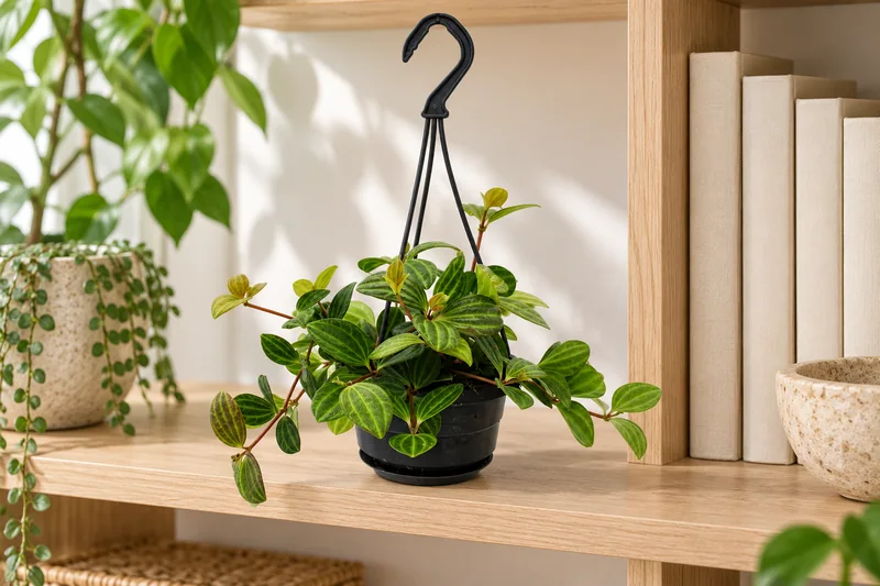 KI-gestaltete Wohnszene mit Peperomia angulata – Rocca Vivace in den Proportionen der jungen Sortimentspflanze