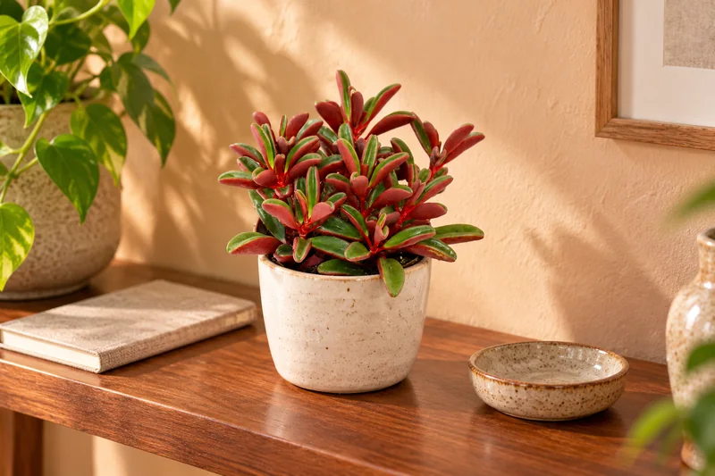 Kompakte Peperomia graveolens mit roten Blattunterseiten im cremefarbenen Übertopf auf einem Holzregal