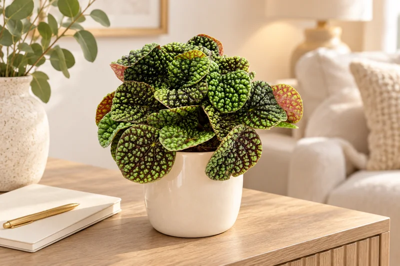 KI-gestaltete Wohnszene von Peperomia 'Green Bubble' in der Größe der jungen Sortimentspflanze