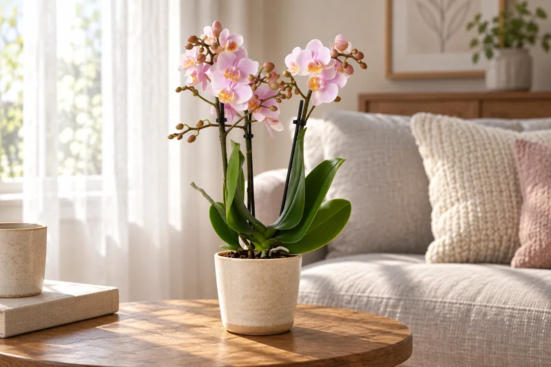 Kleine rosa Kolibri-Phalaenopsis Andorra in einer hellen KI-Wohnszene neben dem Sofa