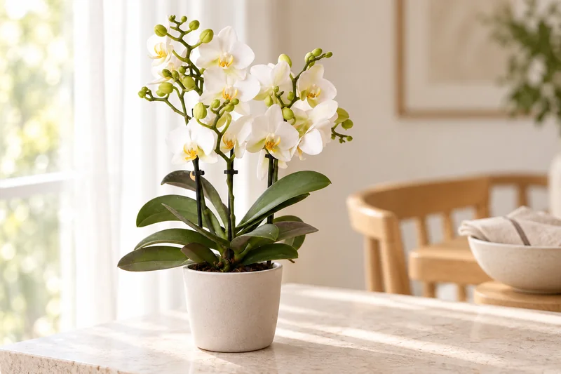 Phalaenopsis Lausanne in einer hellen KI-gestalteten Szene nach dem Original-Shopbild