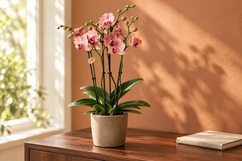 Phalaenopsis Pirate Picotee in einer hellen warmen KI-Wohnszene
