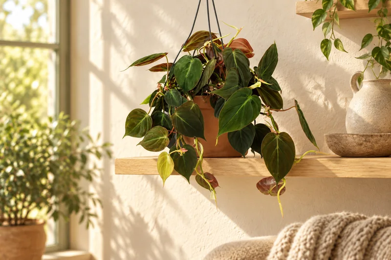 Samtblättriger Philodendron micans mit kurzen Ranken auf einem hellen Holzregal