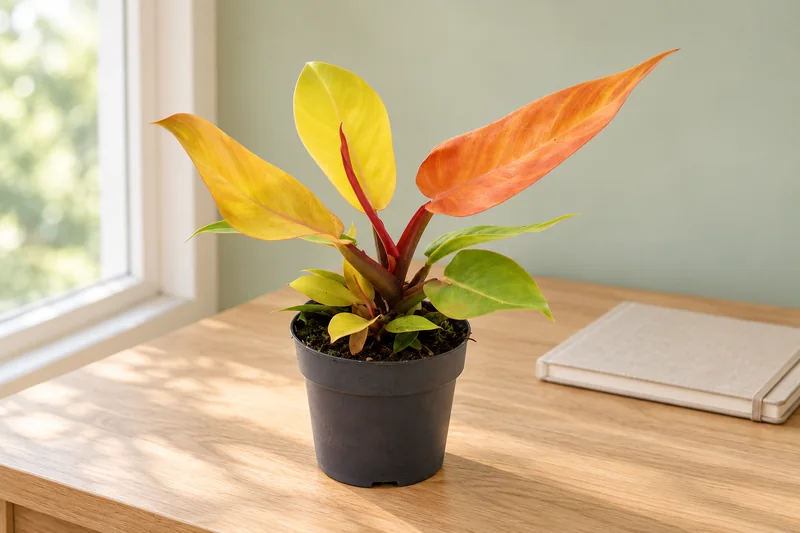 Junger Philodendron Prince of Orange mit ganzen gelben und kupferorangefarbenen Blättern, roten Blattstielen und älterem Grün im kleinen dunklen Kulturtopf auf einem hellen Schreibtisch