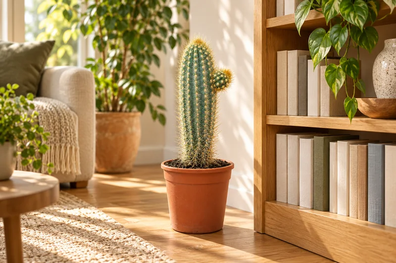 KI-gestaltete Wohnszene mit Pilosocereus braunii auf Basis der jungen Sortimentspflanze