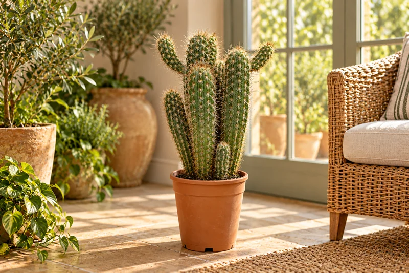 KI-gestaltete Wohnszene mit Pilosocereus gounellei auf Basis der jungen Sortimentspflanze