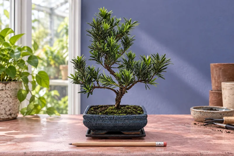 Steineibe als Bonsai in einer KI-gestalteten Szene nach dem Original-Shopbild
