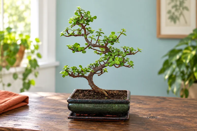 Grüner Portulacaria-afra-Bonsai mit geschwungenem Stamm in einer dunklen rechteckigen Schale auf einem hellen Pflanztisch