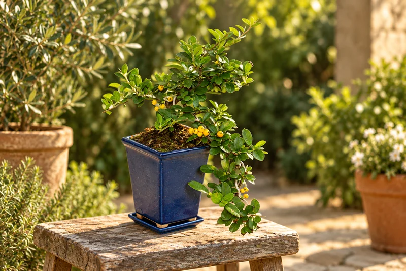 KI-gestaltete Gartenszene mit Pyracantha coccinea in den Proportionen der jungen Sortimentspflanzen
