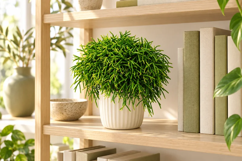 Rhipsalis baccifera Oasis mit rundlichen grünen Trieben auf einem hellen offenen Bücherregal