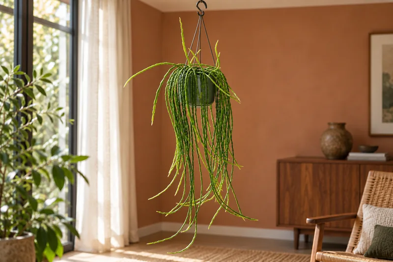 Rhipsalis paradoxa mit langen dünnen kantigen Gliederketten in einer olivgrünen Ampel vor einer warmen Terrakottawand in einer KI-Szene