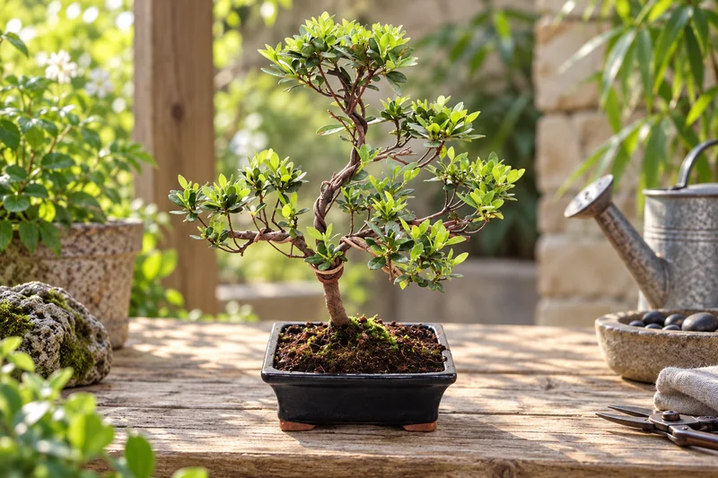Grüner Rhododendron-simsii-Bonsai ohne Blüten in einer kleinen dunklen Schale auf einer geschützten sommerlichen Terrasse, KI-Szene