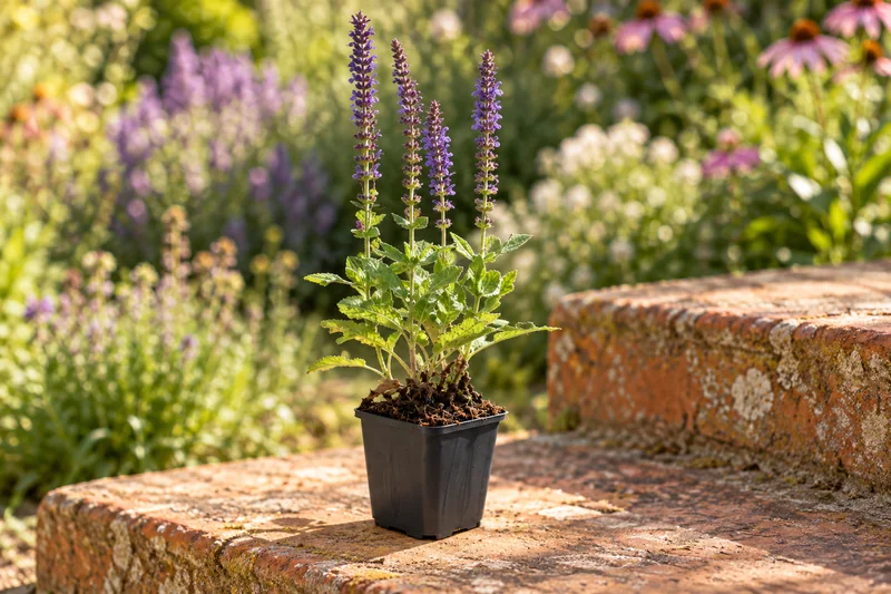 Steppensalbei Ostfriesland als einzelne junge Topfpflanze am Gartenplatz; KI-Szene