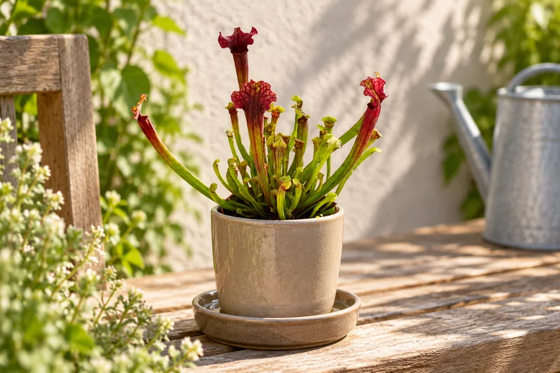 Sarracenia Judith mit dunklen roten Hauben und jungen grünen Fallen auf einer hellen Gartenbank, KI-Szene
