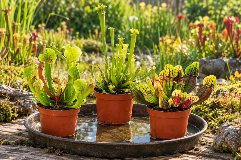Drei unterschiedliche Sarracenia mit höheren grünen und kompakteren rötlich gezeichneten Fangblättern in getrennten Töpfen über flachem Wasser auf einem sonnigen Garten-Pflanztisch, KI-Szene
