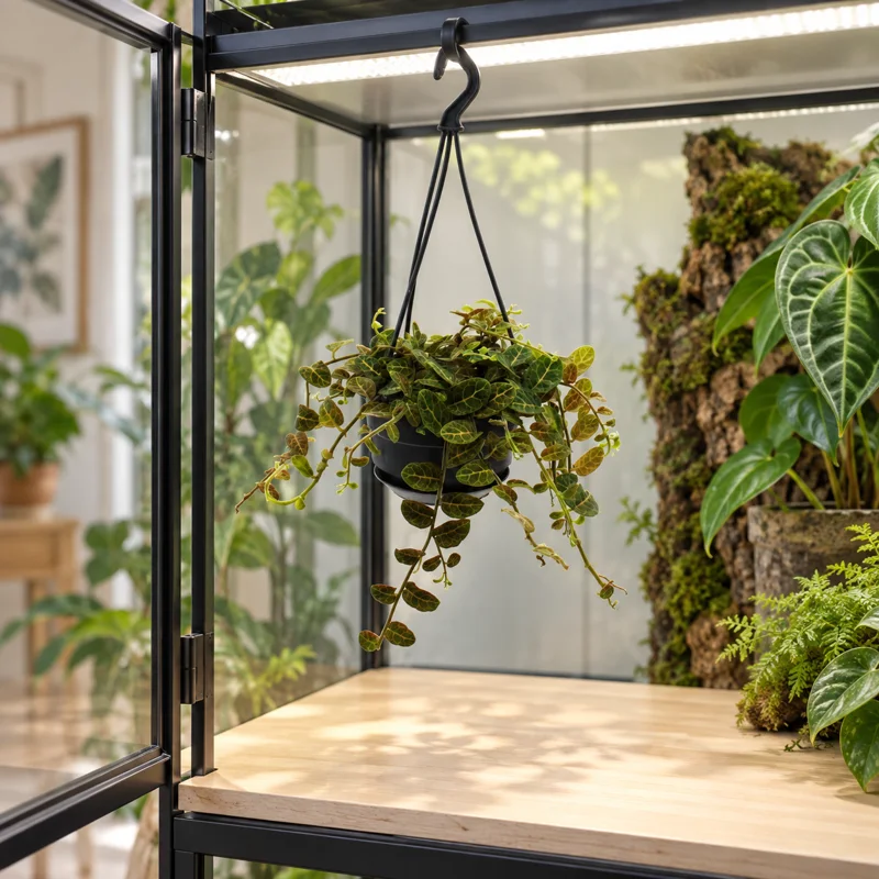 Kleine Solanum evolvulifolium mit goldgeäderten ovalen Blättern und bronzenen Spitzen im schwarzen Ampeltopf in einer hellen Pflanzvitrine