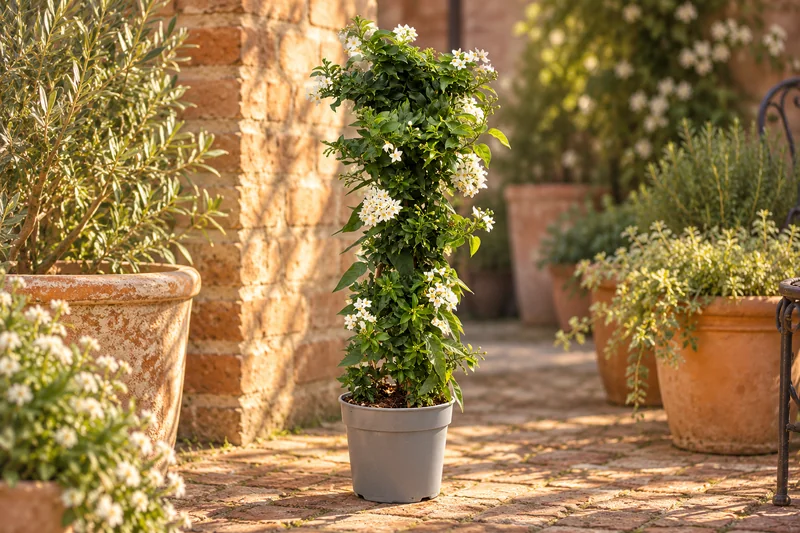 KI-gestaltete Gartenszene mit Solanum jasminoides · botanisch Solanum laxum in den Proportionen der jungen Sortimentspflanzen